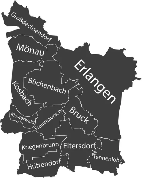 Vetor Plano Cinza Escuro Mapa Administrativo Erlangen Alemanha Com Etiquetas —  Vetores de Stock