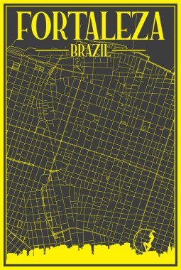 Siyah ve sarı renkli el yazması sokak haritası ForTALEZA şehir merkezi, BRAZIL vurgulanmış şehir silueti ve harfleri ile
