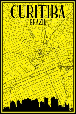 Şehir merkezindeki CURITIBA, BRAZIL 'in el yazması sokak haritası vurgulanmış şehir silueti ve harfleri
