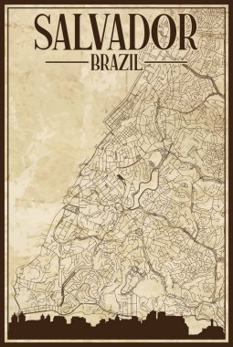 Şehir merkezindeki SALVADOR, BRAZIL 'in işaretli şehir silueti ve harfleriyle çizilmiş el yapımı sokak haritası.