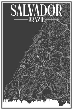 Şehir merkezindeki SALVADOR, BRAZIL 'in işaretli şehir silueti ve harfleriyle çizilmiş el yapımı sokak haritası.