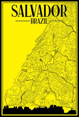 Şehir merkezindeki SALVADOR, BRAZIL 'in işaretli şehir silueti ve harfleriyle el yazısıyla çizilmiş sarı renkli sokak haritası