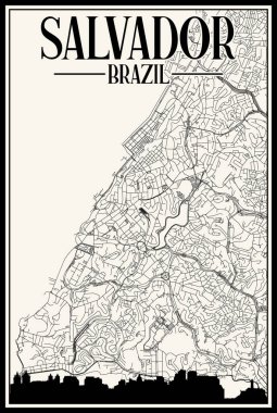Beyaz vintage el yazması sokak haritası şehir merkezi SALVADOR, BRAZIL vurgulanmış şehir silueti ve harfleri ile