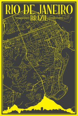 Siyah ve sarı renkli, RIO DE JANEIRO, BRAZIL şehir merkezinin el yazması sokak haritası vurgulanmış şehir silueti ve harfleri