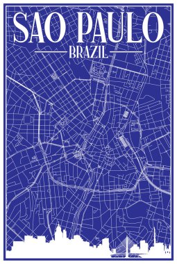 Şehir merkezindeki SAO PAULO, BRAZIL 'in işaretli şehir silueti ve harfleriyle el yapımı sokak haritası.