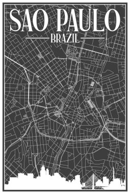 SAO PAULO, BRAZIL şehir merkezi şehir silueti ve harfleri vurgulanmış Siyah vintage el yazması sokak ağ haritası