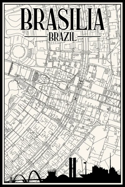 Branco Vintage Hand Drawn Printout Streets Network Map Downtown Brasilia —  Vetores de Stock