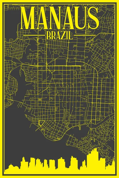 ダウンタウンのManaus 強調表示された都市のスカイラインとレタリングを持つBrazilの黒と黄色のヴィンテージ手描きのプリントアウトストリートネットワークマップ — ストックベクタ