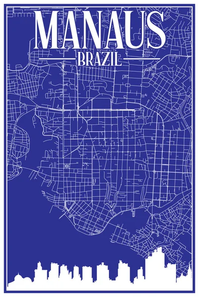 Mappa Della Rete Stradale Blu Vintage Disegnata Mano Del Centro — Vettoriale Stock