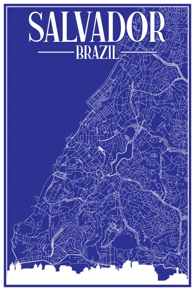 Carte Réseau Rues Bleu Vintage Dessinée Main Centre Ville Salvador — Image vectorielle