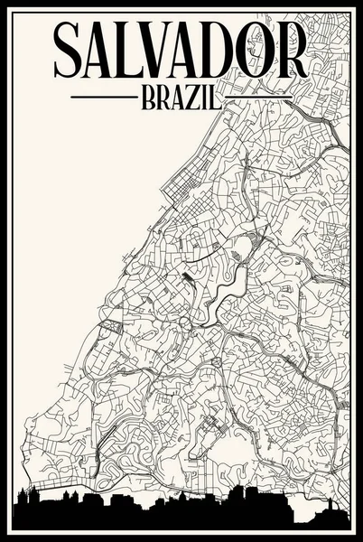 街のスカイラインとレタリングが強調されたブラジルのダウンタウンのSalvadorの白いヴィンテージ手描きのプリントアウトストリートネットワークマップ — ストックベクタ