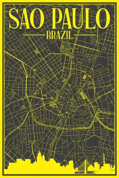 Czarno Żółty Vintage Ręcznie Rysowane Ulice Sieci Mapa Centrum Sao — Wektor stockowy