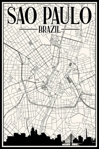White Vintage Hand Drawn Printout Streets Network Map Downtown Sao —  Vetores de Stock
