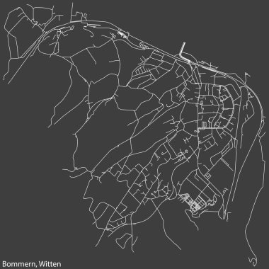 Almanya 'nın başkenti Witten' in BOMMERN MÜZİPALİTESİ 'nin şehir caddeleri haritası, koyu gri arkaplan üzerine ayrıntılı olumsuz navigasyon.