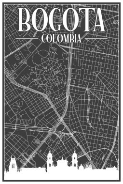 BOGOTA, COLOMBIA şehir silueti ve harfleri vurgulanmış siyah klasik el yazması sokak ağı haritası