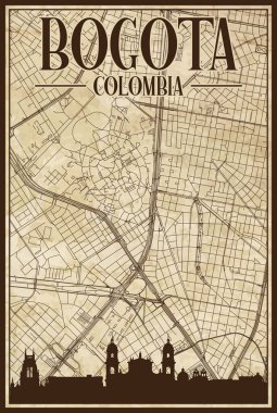 BOGOTA, COLOMBIA şehir silueti ve harfleri vurgulanmış kahverengi renkli el yazması sokak haritası