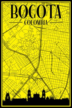 BOGOTA, COLOMBIA şehir silueti ve harfleri vurgulanmış sarı renkli el yazması sokak haritası