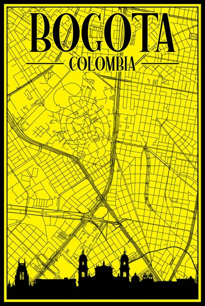 街のスカイラインとレタリングが強調されたコロンビアのBogotaのダウンタウンの黄色のヴィンテージ手描きのプリントアウトストリートネットワークマップ — ストックベクタ