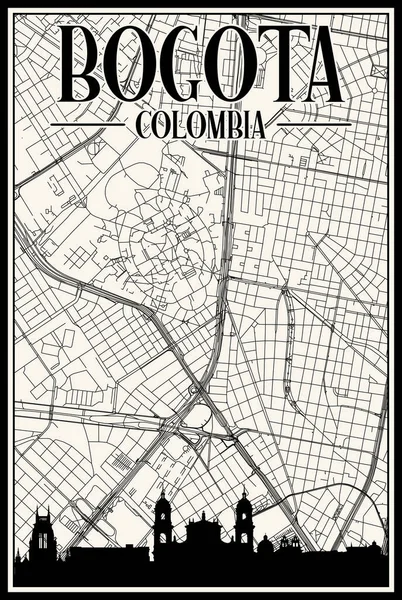 街のスカイラインとレタリングが強調されたコロンビアのBogotaのダウンタウンの白いヴィンテージ手描きのプリントアウトストリートネットワークマップ — ストックベクタ