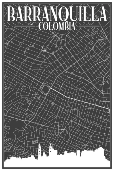 Schwarzer Handgezeichneter Straßennetzplan Der Innenstadt Von Barranquilla Kolumbien Mit Hervorgehobener — Stockvektor