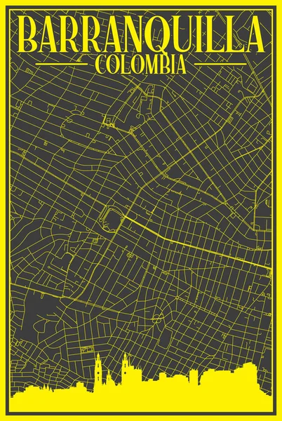 街のスカイラインとレタリングが強調されたコロンビアのダウンタウンBarranquillaの黒と黄色のヴィンテージ手描きのプリントアウトストリートネットワークマップ — ストックベクタ