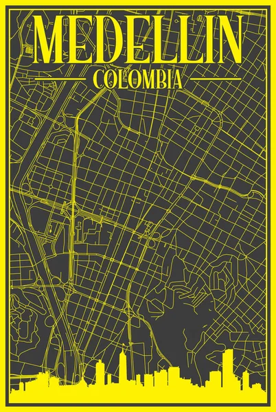 ダウンタウンの黒と黄色のヴィンテージの手描きの印刷通りのネットワークマップMedellin ハイライト都市スカイラインとレタリングを持つコロンビア — ストックベクタ