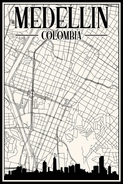 街のスカイラインとレタリングが強調されたコロンビアのダウンタウンMedelinの白いヴィンテージ手描きのプリントアウトストリートネットワークマップ — ストックベクタ
