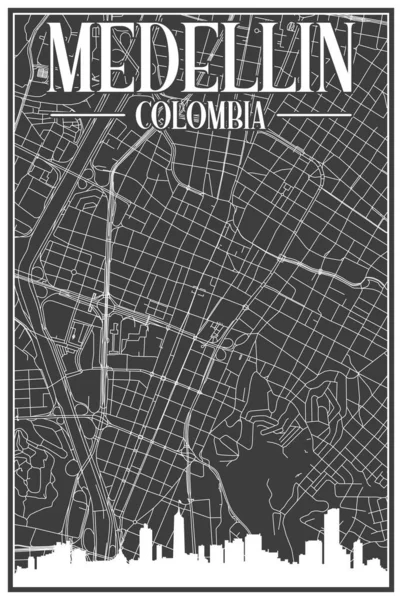 Schwarzer Handgezeichneter Straßennetzplan Der Innenstadt Von Medellin Kolumbien Mit Hervorgehobener — Stockvektor
