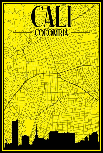 Yellow Vintage Hand Drawn Printout Streets Network Map Downtown Cali — Stock Vector