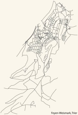 Alman bölgesel başkenti Trier 'in FEYEN-WEISMARK MÜZİPALİTESİ kentsel yol haritasının ayrıntılı seyrüsefer kara hatları klasik bej arka planda Almanya