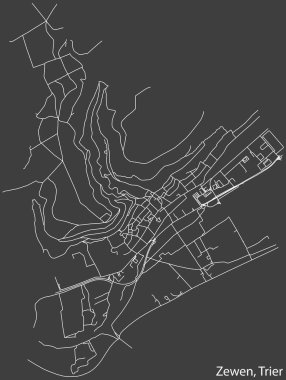 Almanya 'nın başkenti Trier' in ZEWEN MÜZİPALİTESİ 'nin şehir caddeleri haritası, koyu gri arka plan üzerine ayrıntılı olumsuz navigasyon.