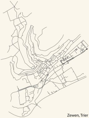 Alman bölgesel başkenti Trier, Almanya 'nın ZEWEN MUNICIPALITY kentinin klasik bej arkaplan üzerindeki kentsel sokak haritasının ayrıntılı navigasyon siyah hatları