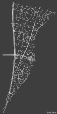 Almanya 'nın başkenti Trier' in SD MÜZİPALİTESİ 'nin şehir caddeleri haritası koyu gri arka planda ayrıntılı olarak çizildi