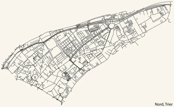 詳細ナビゲーションブラックラインヴィンテージベージュの背景にドイツの首都トリアーの北自治体の都市道路地図 — ストックベクタ