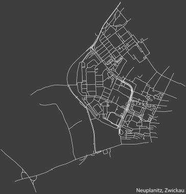Alman bölgesel başkenti Zwickau, Almanya 'nın NEUPLANITZ DISTRICT' in şehir caddeleri haritası üzerinde koyu gri arka plan üzerine ayrıntılı olumsuz navigasyon beyaz çizgileri