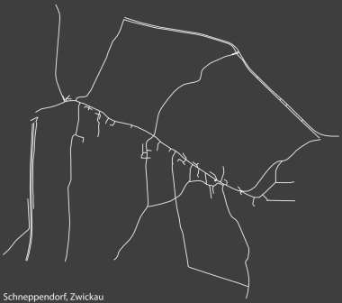 Alman bölgesel başkenti Zwickau, Almanya 'nın SCHNEPPENDORF DORF' un şehir yol haritasının ayrıntılı olumsuz seyrüsefer beyaz çizgileri koyu gri arka plan üzerine
