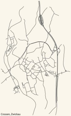 Alman bölgesel başkenti Zwickau, Almanya 'nın CROSSEN DISTRICT kentinin klasik bej arkaplanlı kentsel yol haritasının ayrıntılı navigasyon siyah hatları
