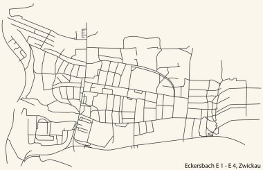 Alman bölgesel başkenti Zwickau 'nun ECKERSBACH E1-E4 DISTRICT kentsel yol haritasının ayrıntılı navigasyon siyah hatları klasik bej arka plan üzerinde Almanya' nın Zwickau kentinin