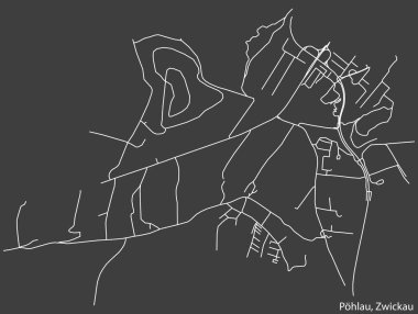Almanya 'nın bölgesel başkenti Zwickau' nun PHLAU DISTRICT 'inin koyu gri arkaplan üzerindeki kentsel yol haritasının ayrıntılı negatif navigasyon beyaz çizgileri