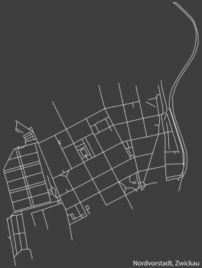 Alman bölgesel başkenti Zwickau, Almanya 'nın NORDVORSTADT DISTRICT' nin şehir caddeleri haritasının ayrıntılı olumsuz seyrüsefer beyaz çizgileri koyu gri arka plan üzerine