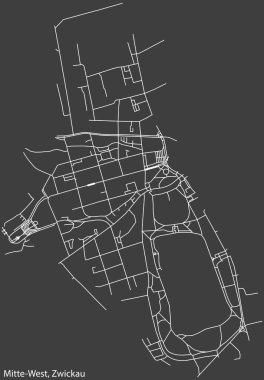Alman bölgesel başkenti Zwickau, Almanya 'nın MITTE-West DISTRICT' nin koyu gri arkaplan üzerindeki kentsel yol haritasının ayrıntılı negatif navigasyon beyaz çizgileri
