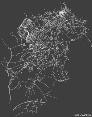 Alman bölgesel başkenti Zwickau 'nun SD MÜZİPALİTESİ' nin şehir caddeleri haritası, koyu gri arka plan üzerine ayrıntılı olumsuz navigasyon.