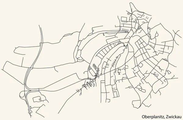 Navegação Detalhada Black Lines Urban Street Roads Mapa Oberplanitz District —  Vetores de Stock
