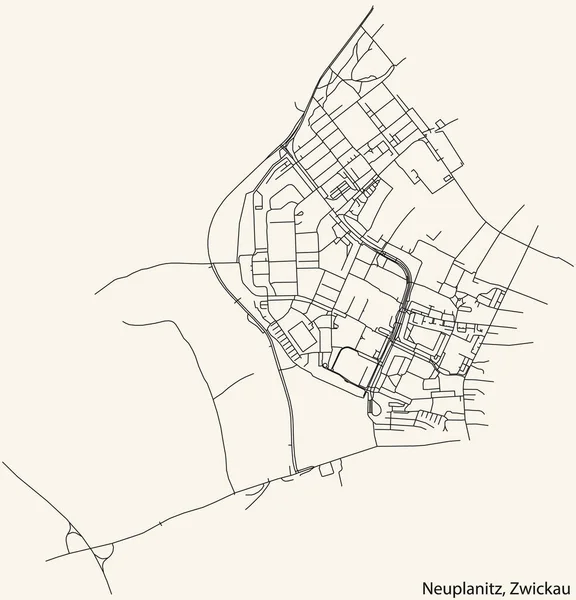 Detaillierte Navigation Schwarze Linien Stadtstraßenplan Der Neuplanitz District Der Landeshauptstadt — Stockvektor