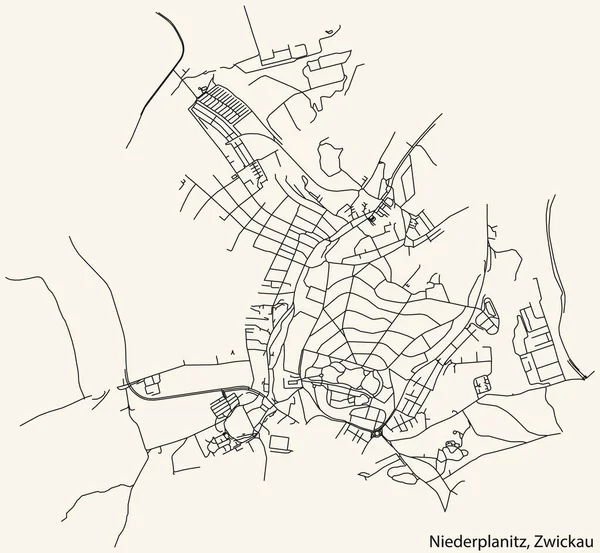 Navegação Detalhada Black Lines Urban Street Roads Mapa Niederplanitz District —  Vetores de Stock