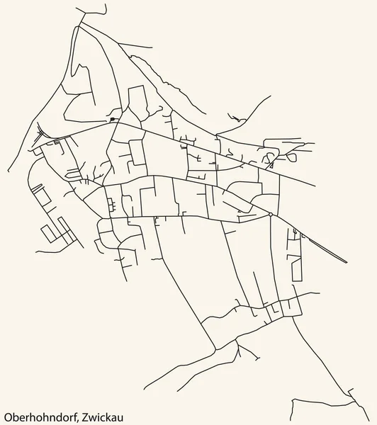 詳細ナビゲーション黒線都市道路地図Oberhndorfヴィンテージベージュの背景にドイツの地方の首都Zwickauの地区 — ストックベクタ