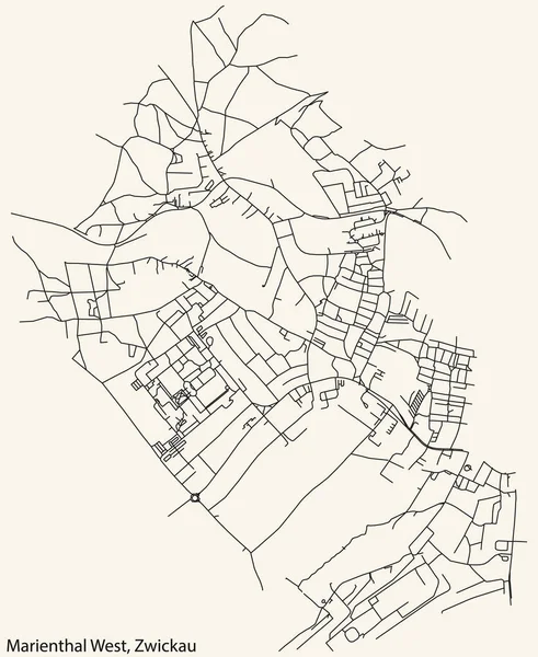 stock vector Detailed navigation black lines urban street roads map of the MARIENTHAL WEST DISTRICT of the German regional capital city of Zwickau, Germany on vintage beige background