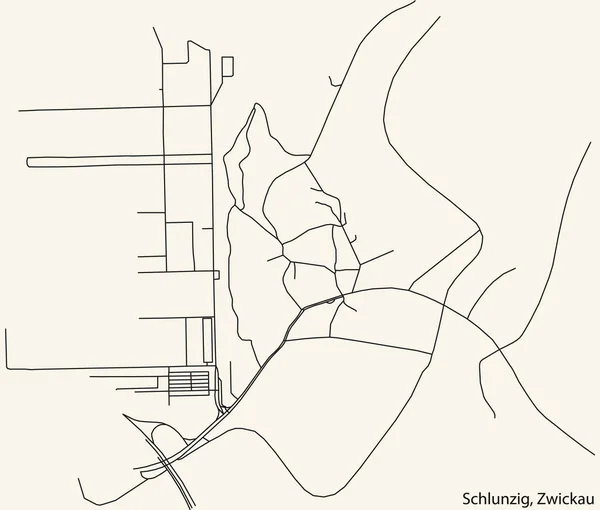 Detaillierte Navigation Schwarze Linien Stadtstraßenplan Des Schlunzig District Der Landeshauptstadt — Stockvektor