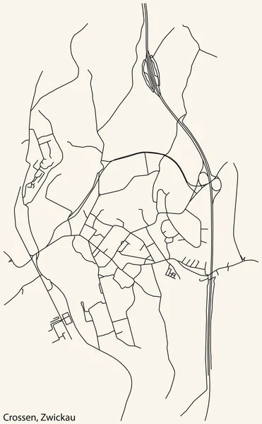 Detaillierte Navigation Schwarze Linien Stadtstraßenplan Des Crossen District Der Landeshauptstadt — Stockvektor