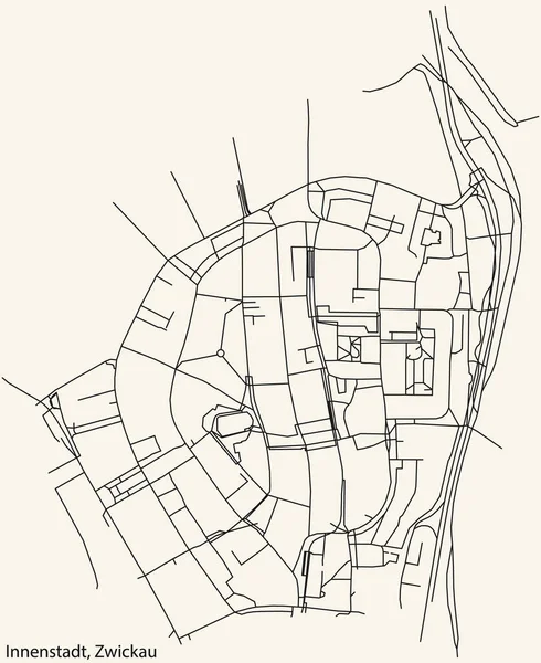 Navegación Detallada Black Lines Urban Street Roads Map Innenstadt District — Vector de stock